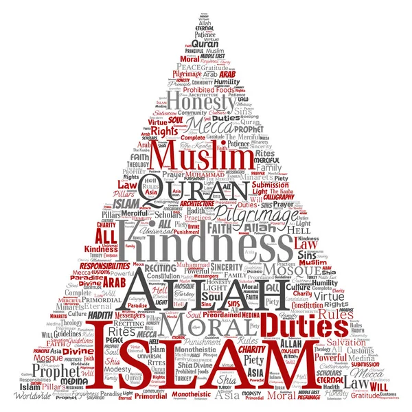 Εννοιολογική Ισλάμ, προφήτης, Τζαμί βέλος τρίγωνο κόκκινο λέξη υπόβαθρο σύννεφο απομονωμένα. Κολάζ των μουσουλμάνων, ramadam, Κοράνι, προσκύνημα, Αλλάχ, καθήκοντα, τέχνη, καλλιγραφία, oriental, παράδοση έννοια — Φωτογραφία Αρχείου