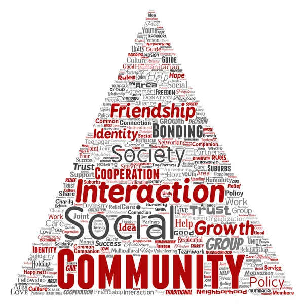 Εννοιολογική Κοινότητα, κοινωνική, σύνδεσμο τρίγωνο βέλος κόκκινη λέξη σύννεφο απομονωμένη φόντο. Κολάζ της ομάδας, ομαδική δουλειά, ποικιλομορφία, φιλία, επικοινωνία, ένταξη, φροντίδα, σεβασμό έννοια — Φωτογραφία Αρχείου