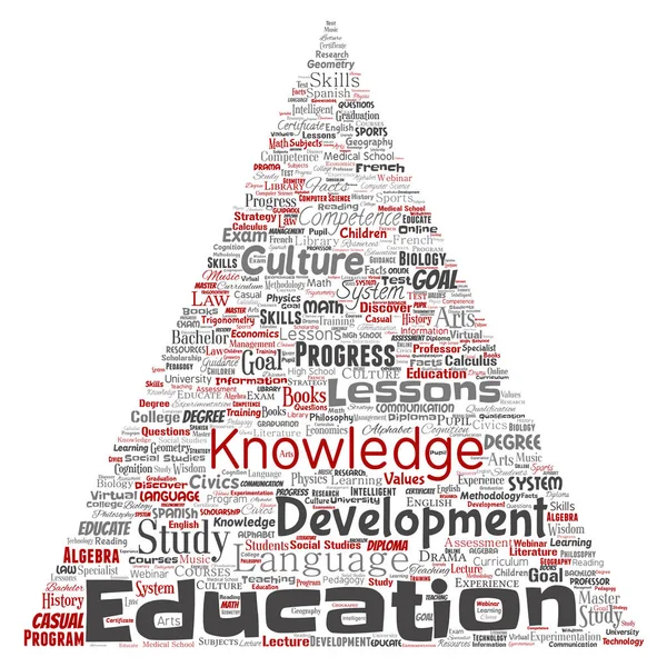 Konceptuell utbildning, kunskap, information triangel pil röda ordet moln isolerad bakgrund. Collage av lärande, infographic, utbildning, undervisning, system, Progress, online, kultur koncept — Stockfoto