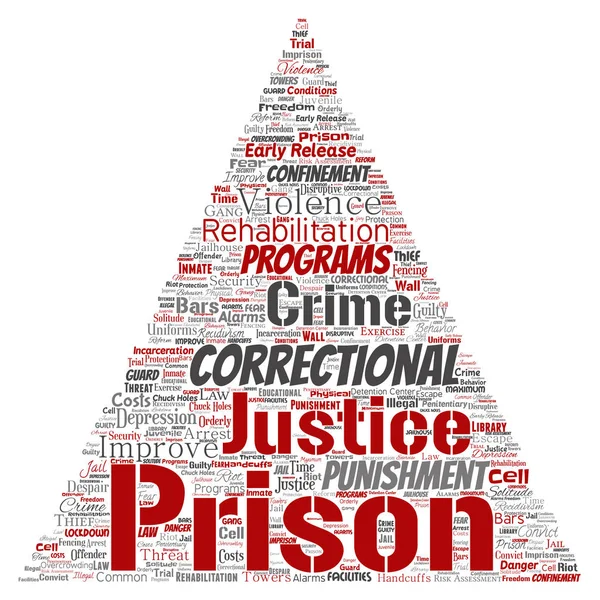 概念的な刑務所、正義、犯罪三角形矢印赤い単語雲孤立した背景。刑罰、法律、権利、社会、権限、システム、民事、裁判、リハビリテーション、自由の概念のコラージュ — ストック写真