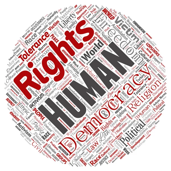 Conceptual human rights political freedom, democracy round circle red  word cloud isolated background. Collage of humanity tolerance, law principles, people justice or discrimination concept — Stock Photo, Image