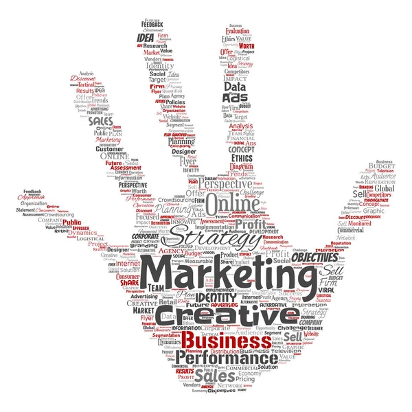 Conceptual development business marketing target hand print stamp word cloud isolated background. Collage advertising, strategy, promotion branding, value, performance planning or challenge
