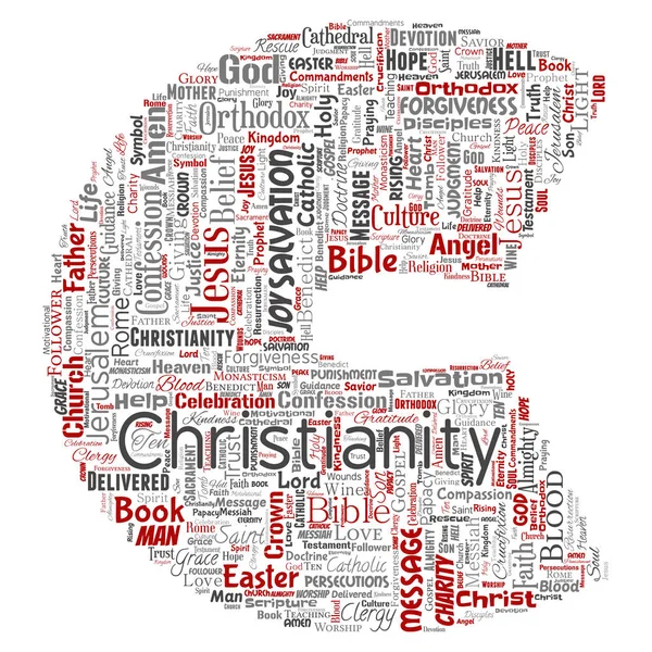 Conceptual christianity, jesus, bible, testament letter font C red  word cloud isolated background. Collage of teachings, salvation resurrection, heaven, confession, forgiveness, love concept