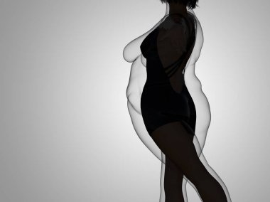 Kavramsal şişman kilolu obez kadın vs fit sağlıklı vücut kilo kaybını takiben ince ya da kas ince genç kadınla gri diyet. Fitness, beslenme veya şişmanlık obezite sağlık şekil 3d çizim