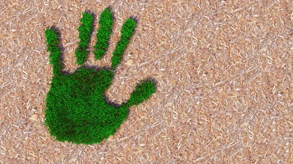 Concept or conceptual green grass handprint on wood shavings background. A metaphor for ecology, environment, recycle, nature  conservation, spring or protection against global warming 3d illustration