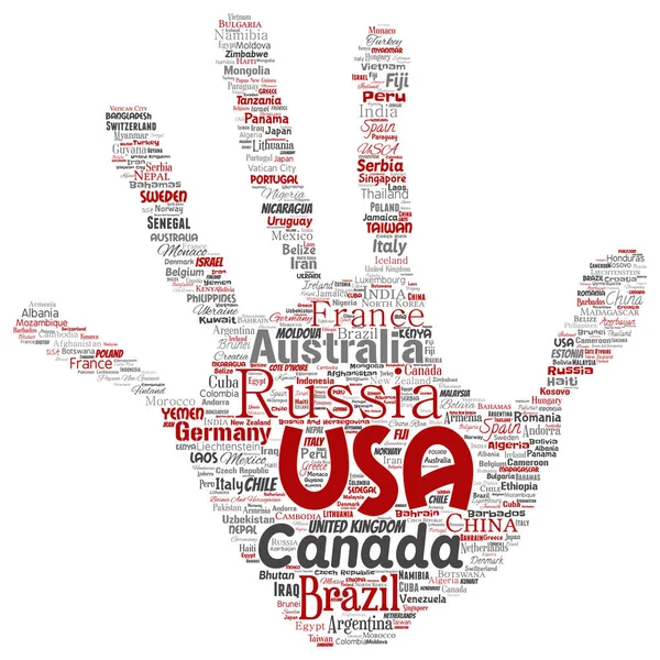 Conceptual world country or continent hand print stamp red global unity, vacation travel word cloud isolated background. Collage of international nation geography education or tourism concept — Stock Photo, Image