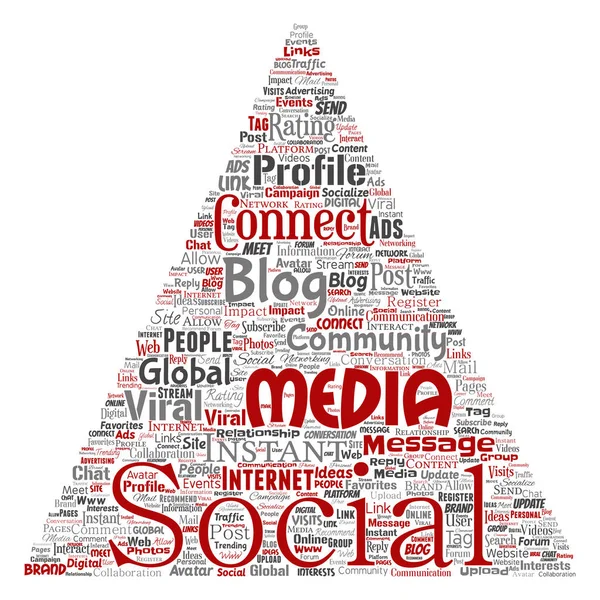 개념적 소셜 미디어 네트워킹 또는 커뮤니케이션 웹 마케팅 기술 삼각형 화살표 단어 구름 배경에 고립. 글로벌 커뮤니티 전세계 개념 또는 광고 tagcloud — 스톡 사진