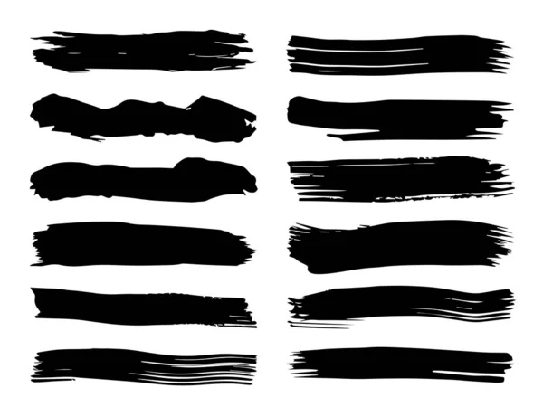 芸術的な汚い黒ペイント手作られた創造的なブラシ ストロークのコレクションは、分離の白い背景を設定します。抽象的なグランジ デザイン教育やグラフィック アート装飾のスケッチのグループ — ストック写真