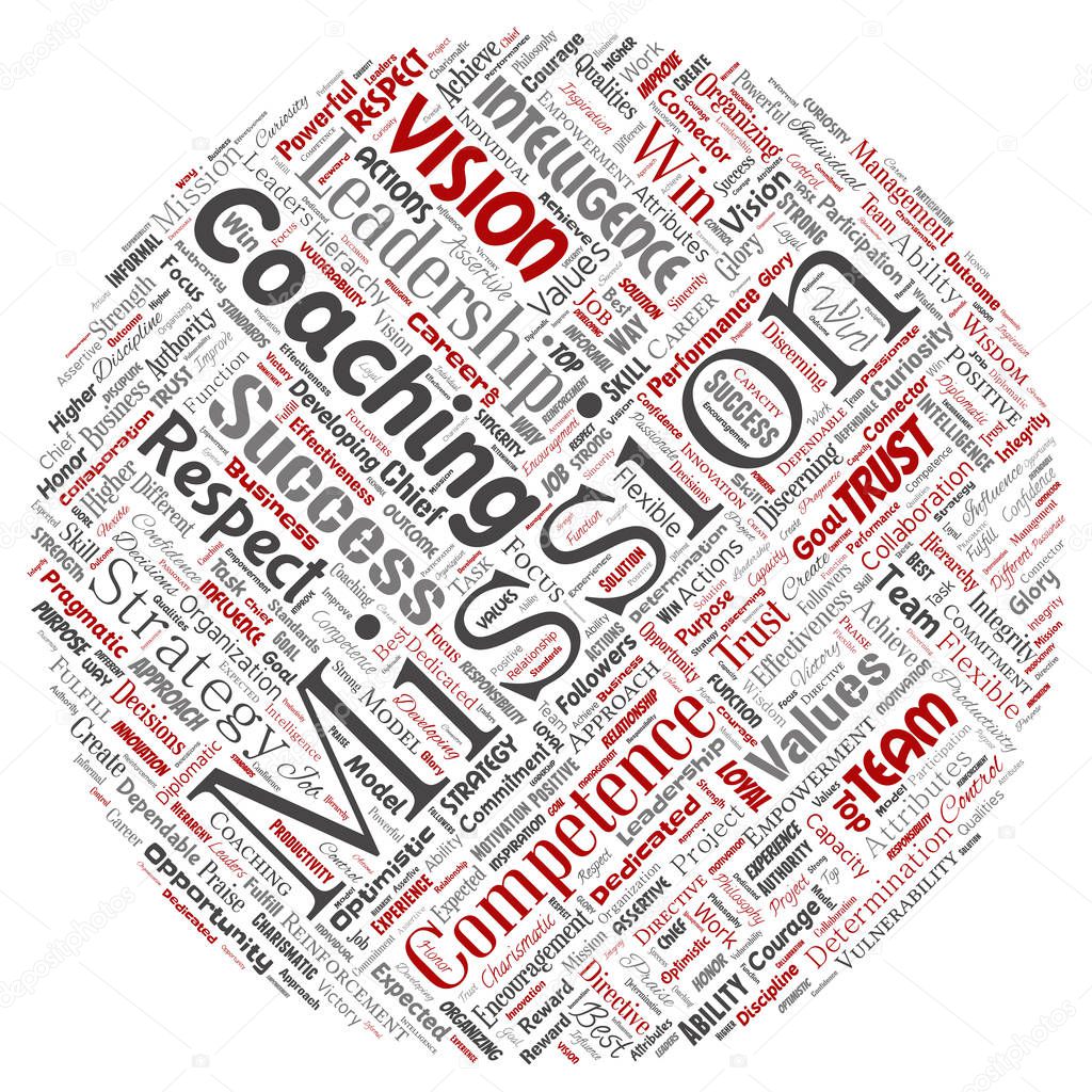 Conceptual business leadership strategy, management value round circle red word cloud isolated background. Collage of success, achievement, responsibility, intelligence authority or competence