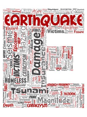 Conceptual earthquake activity letter font E red word cloud isolated background. Collage of natural seismic tectonic crust tremble, violent tsunami waves risk, tectonic plates shifting concept clipart