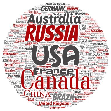 Kavramsal dünya ülke veya kıta yuvarlak daire kırmızı küresel birlik, tatil seyahat kelime bulut izole arka plan. Uluslararası ulus coğrafya eğitimi, turizm konsept tasarımı kolajı