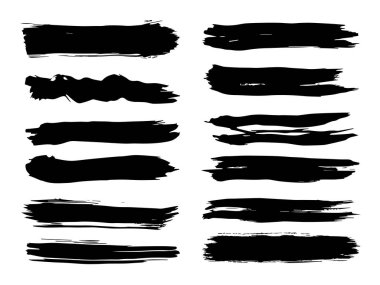Sanatsal grungy siyah boya el yapılmış yaratıcı fırça darbesi topluluğu izole üzerinde beyaz arka plan ayarlayın. Soyut grunge skeçler tasarım eğitim veya grafik sanatı dekorasyon için bir grup