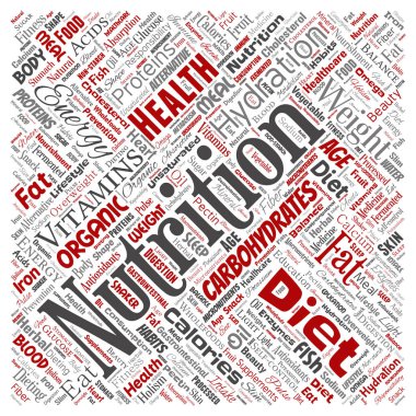 Kavramsal beslenme sağlık diyet kare kırmızı kelime bulut izole arka plan. Karbonhidrat kolaj, vitaminler, yağ, ağırlık, enerji, antioksidanlar güzellik mineral, protein tıp kavramı