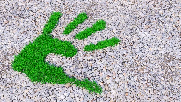 Concept or conceptual green grass handprint on gravel background. A metaphor for ecology, environment, recycle, nature conservation, spring, summe or protection against global warming 3d illustration