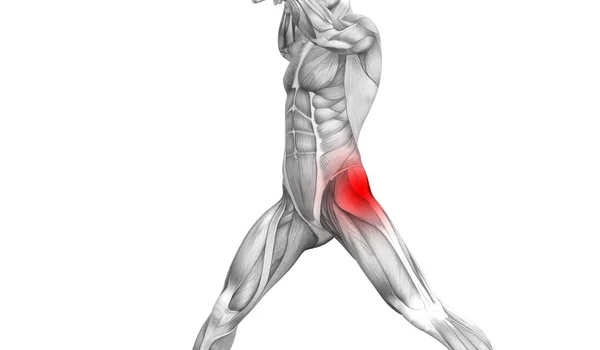 Anatomía humana conceptual de la cadera con inflamación del punto caliente rojo dolor articular articular para la terapia de cuidado de la salud de las piernas o conceptos musculares deportivos. Ilustración 3D hombre artritis o dolor óseo osteoporosis enfermedad — Foto de Stock