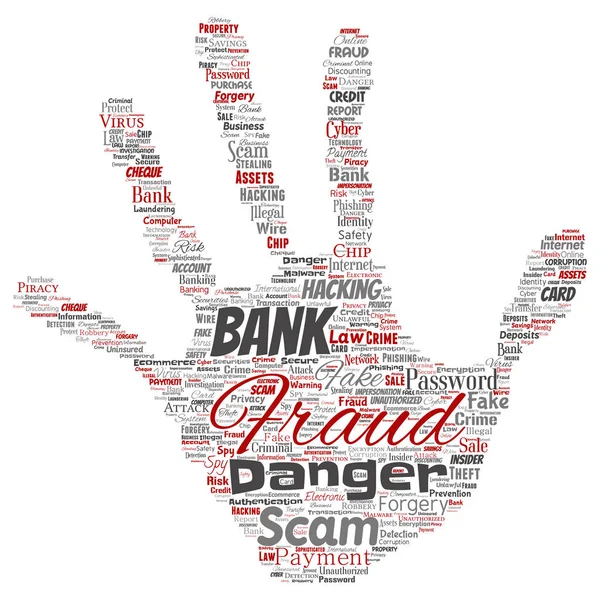 Konceptuella bank bedrägerier betalning bluff fara hand print stampword cloud isolerade bakgrund. Collage av lösenord hacking, virus falska autentisering, olagliga transaktioner eller identitetsstöld koncept — Stockfoto