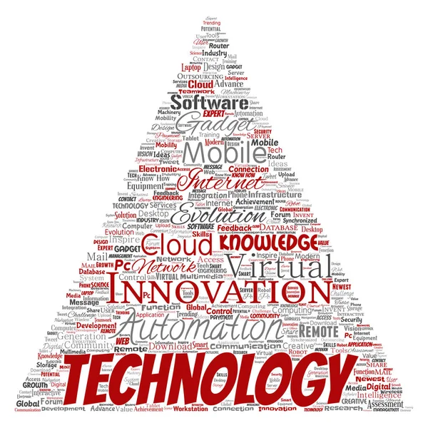 Conceptuele digitale slimme technologie, innovatie media driehoek pijl word cloud geïsoleerd achtergrond. Collage van informatie, internet, toekomstige ontwikkeling, onderzoek, ontwikkeling of intelligentie — Stockfoto