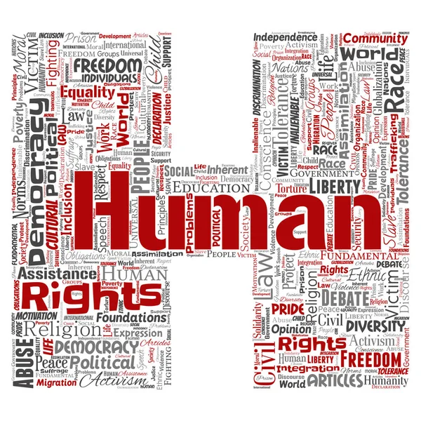 概念性人权政治自由, 民主字母字体 H 字云孤立背景。人文宽容、法律原则、人的正义或歧视概念的拼贴画 — 图库照片