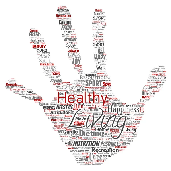 Conceptuele gezond leven positieve voeding sport hand print stempel word cloud geïsoleerde achtergrond. Collage van geluk zorg, organische, recreatie training, schoonheid, essentiële gezondheidszorg wellness concept — Stockfoto