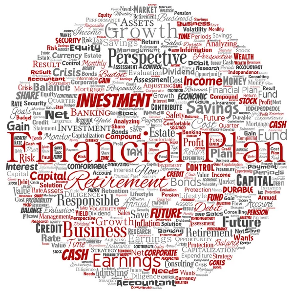 Conceptual business or personal financial plan round circle red finance strategy word cloud isolated background. Collage of income, money investment, future retirement security concept design — Stock Photo, Image
