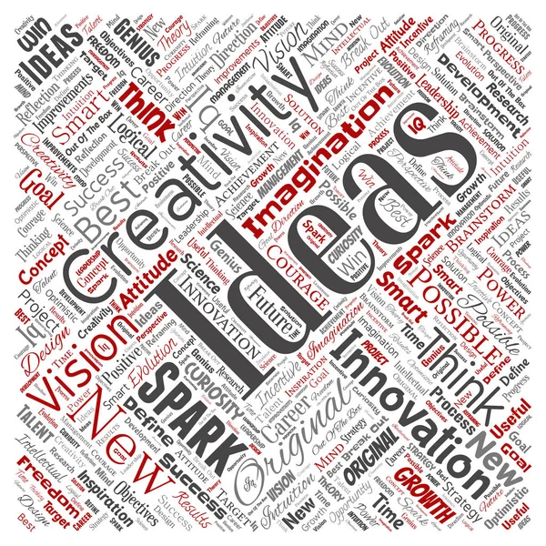 Conceptual creative idea brainstorming human square red word cloud isolated background. Collage of spark creativity original, innovation vision, think, achievement or smart genius concept