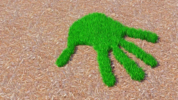 Koncepcja lub konceptualna zielona trawa nadruk na tle wiórów drzewnych. Metafora dla ekologii, środowiska, recyklingu, ochrony przyrody, wiosny lub ochrony przed globalnym ociepleniem ilustracji 3D — Zdjęcie stockowe