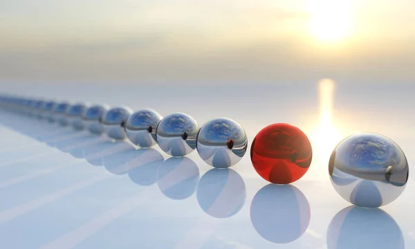 Concept ou rangée conceptuelle de balles avec un rouge se démarquant sur fond bleu comme une métaphore de la créativité, la personnalité et l'indépendance Un leadership, le courage et l'action ou le succès illustration 3D — Photo