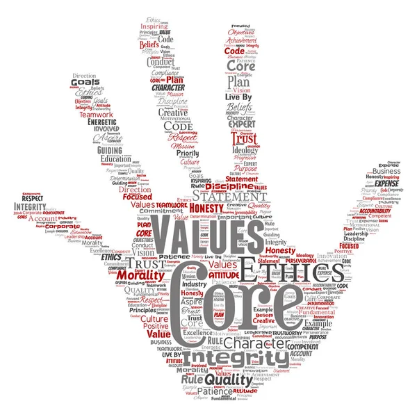 Conceptual core values integrity ethics hand print stamp concept word cloud isolated background. Collage de honestidad calidad confianza, declaración, carácter, perseverancia, respeto y digno de confianza —  Fotos de Stock