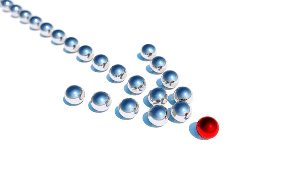 Konzept oder konzeptionelle Kugelreihe in Form eines Pfeils mit einem roten auf blauem Hintergrund als Metapher für Kreativität und Führung. Mut, Handeln und Erfolg 3D-Illustration — Stockfoto