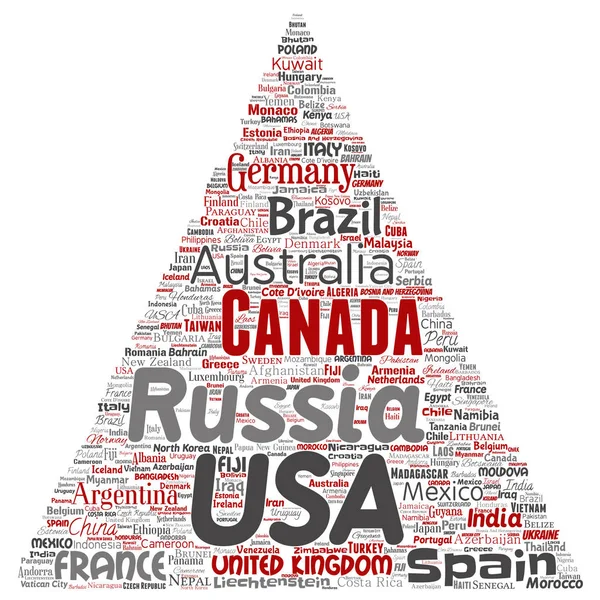 Kavramsal dünya ülke veya kıta üçgen ok kırmızı küresel birlik, tatil seyahat kelime bulut izole arka plan. Uluslararası ulus coğrafya eğitim veya turizm kavramının kolajı