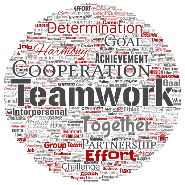 Koncepcyjne zarządzanie pracą zespołową okrągły krąg czerwony pomysł partnerstwa, sukces cel słowo chmura na białym tle. Kolaż strategii biznesowej jako rozwiązanie do współpracy grupowej lub projekt koncepcyjny zespołu — Zdjęcie stockowe