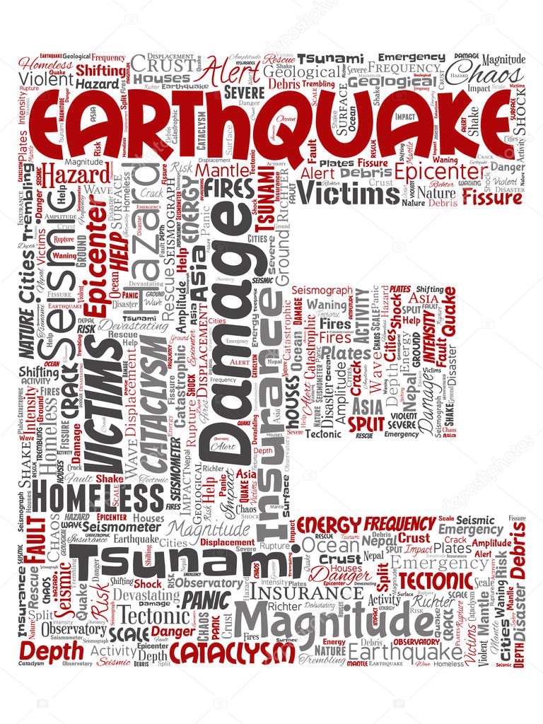 Conceptual earthquake activity letter font E red word cloud isolated background. Collage of natural seismic tectonic crust tremble, violent tsunami waves risk, tectonic plates shifting concept
