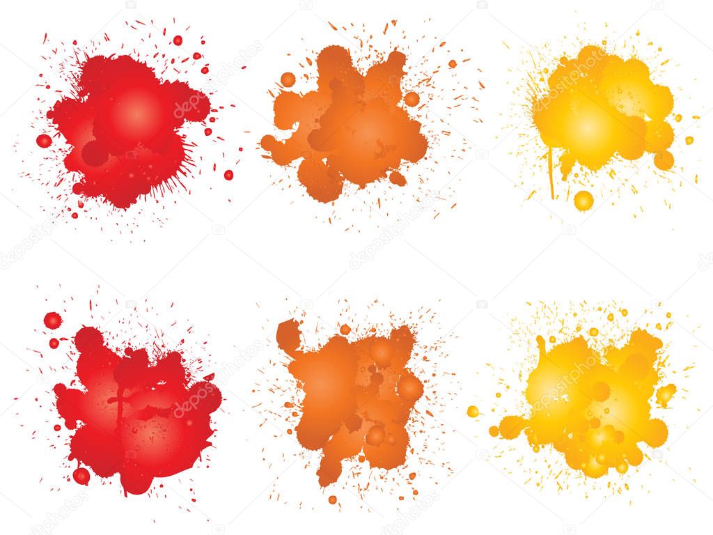 Collection of artistic grungy paint drop, hand made creative splash or splatter stroke set isolated white background. Abstract grunge dirty stains group, education or graphic art decoration