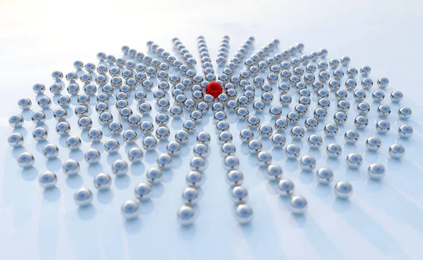 Koncept eller konceptuell insamling av bollar i form av en cirkel med en röd stående ut på blå bakgrund som en metafor för kreativitet och ledarskap. Ett mod eller framgång 3D-illustration — Stockfoto