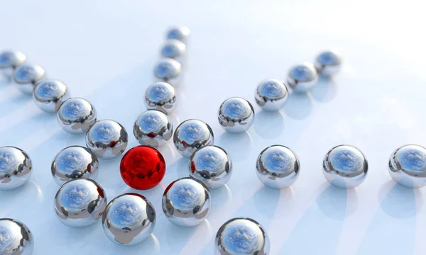 Concepto o colección conceptual de bolas en forma de círculo con una roja destacándose sobre fondo azul como metáfora de creatividad y liderazgo. Un coraje o éxito 3d ilustración —  Fotos de Stock