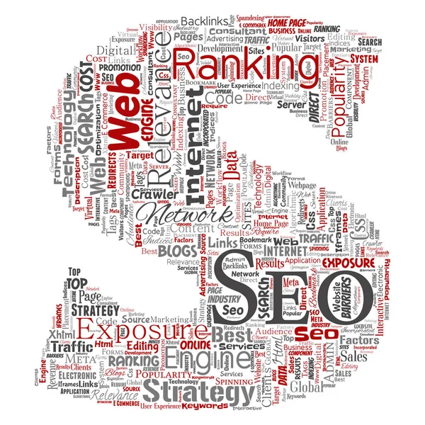 Resultados de busca conceituais engine optimization top rank seo letter font S online internet word cloud text isolated on background. Estratégia de marketing web page conteúdo relevância rede conceito — Fotografia de Stock