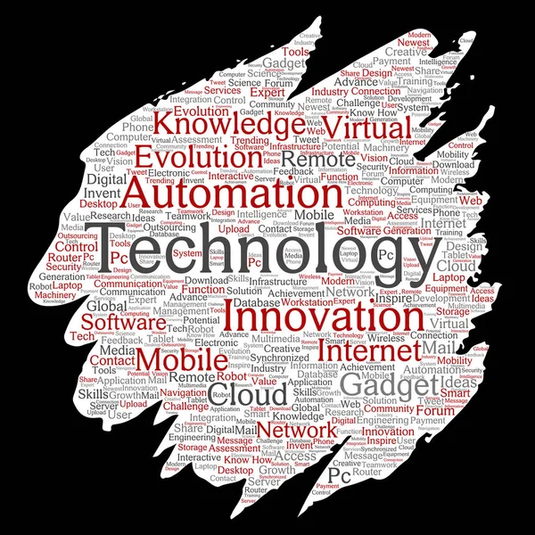 Conceptual digital smart technology, innovation media paint brush paper word cloud isolated background. Collage of information, internet, future development, research, evolution or intelligence