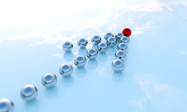 Concept ou rangée conceptuelle de boules en forme de flèche avec une flèche rouge se démarquant sur fond bleu comme métaphore de la créativité et du leadership. Un courage, une action et un succès Illustration 3D — Photo