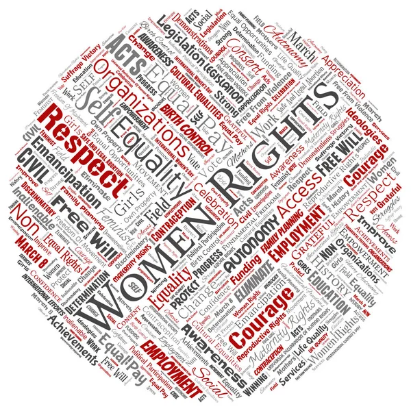 Fogalmi nők jogai, az egyenlőség, szabad lesz kerek kör piros szó felhő elszigetelt hátteret. Kollázs a feminizmus, a felhatalmazás, az integritás, a lehetőségek, a tudatosság, a bátorság, az oktatás, a tisztelet fogalma — Stock Fotó
