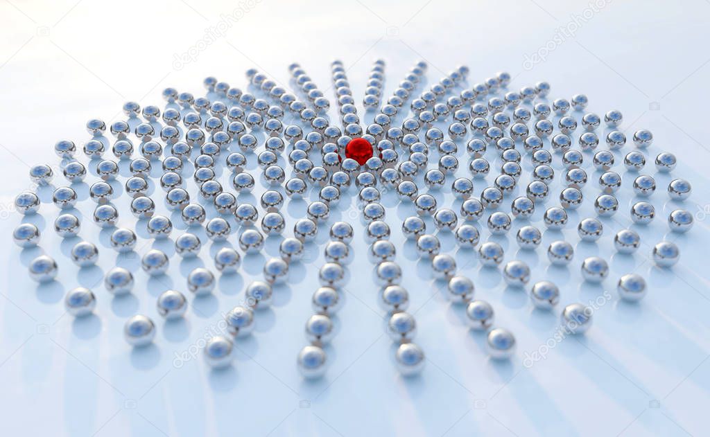 Concept or conceptual collection of balls in form of a circle with a red one standing out on blue background as a metaphor for creativity and leadership. A courage or success 3d illustration