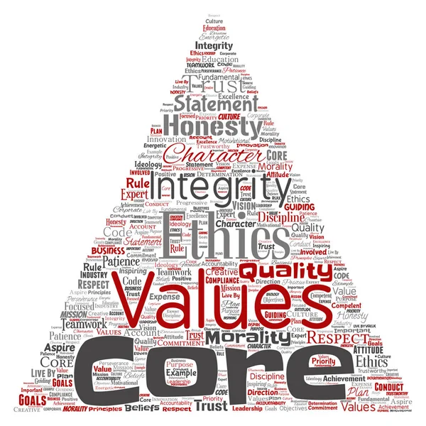 Conceptual core values integrity ethics triangle arrow concept word cloud isolated background. Collage of honesty quality trust, statement, character, perseverance, respect and trustworthy