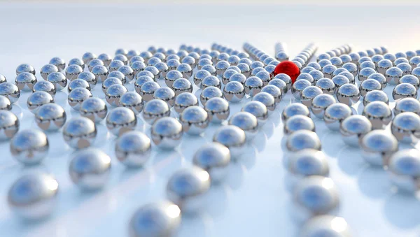 Koncept eller konceptuell insamling av bollar med en röd stående ut på blå bakgrund som en metafor för kreativitet, ledarskap och självständighet. Ett mod, Action och framgång 3D-illustration — Stockfoto