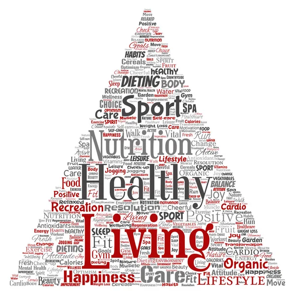 Fogalmi egészséges élet pozitív táplálkozás sport háromszög nyíl szó felhő elszigetelt háttér. Kollázs a boldogság ellátás, ökológiai, rekreációs edzés, szépség, alapvető egészségügyi wellness fogalma — Stock Fotó