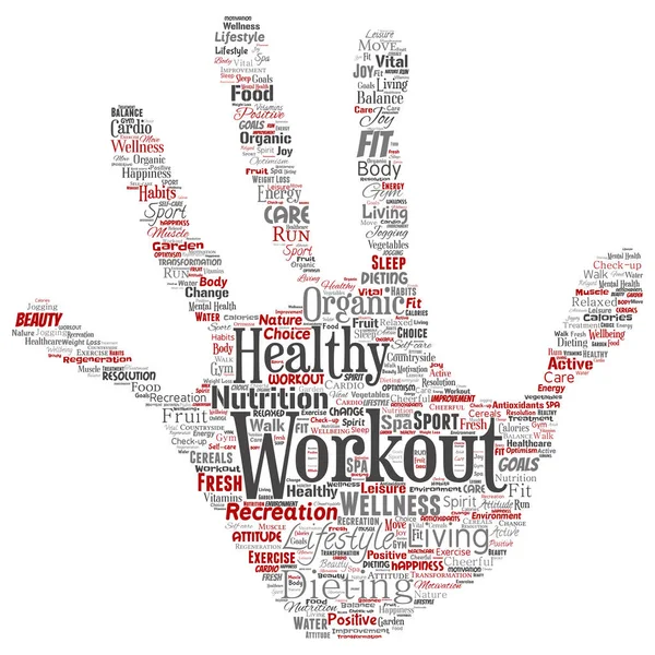 Conceptuele gezond leven positieve voeding sport hand print stempel word cloud geïsoleerde achtergrond. Collage van geluk zorg, organische, recreatie training, schoonheid, essentiële gezondheidszorg wellness concept — Stockfoto