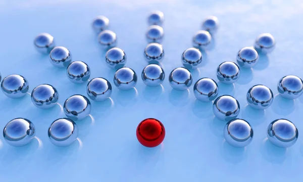 Concept or conceptual collection of balls with a red one standing out on blue background as a metaphor for creativity, leadership and independence. A courage, action and success 3d illustration — Stock Photo, Image