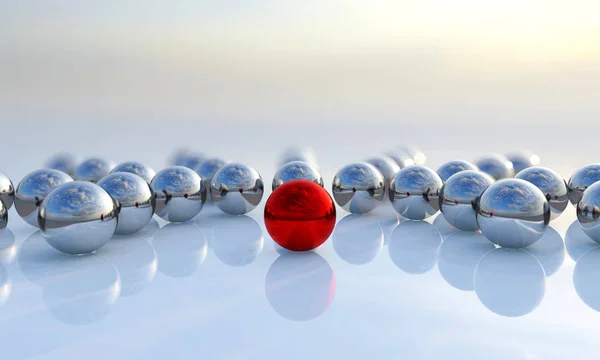 Concepto o colección conceptual de bolas con una roja que destaca sobre fondo azul como metáfora de la creatividad, el liderazgo y la independencia. Un coraje, acción y éxito 3d ilustración —  Fotos de Stock