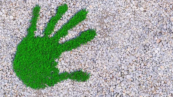 Koncepcja lub konceptualna zielona trawa zimowej dyni na tle żwiru. Metafora dla ekologii, środowiska, recyklingu, ochrony przyrody, wiosna, Summe lub ochrony przed globalnym ociepleniem ilustracji 3D — Zdjęcie stockowe