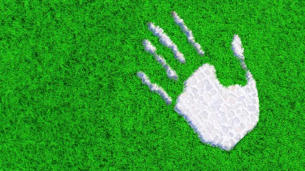 Concepto o piedra conceptual pavimentación huella de la mano sobre el fondo de hierba. Una metáfora de la ecología, el medio ambiente, el reciclaje, la conservación de la naturaleza, la primavera o la protección contra el calentamiento global 3d ilustración —  Fotos de Stock