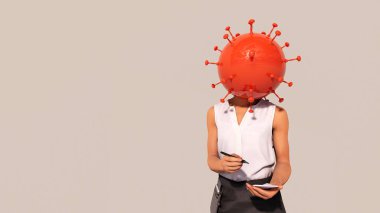 Bir garsonun beyaz arka planda sipariş ve koronavirüs alışının kavramsal ya da kavramsal 3D çizimi, restoran endüstrisindeki değişim ve tecrit süresince yaşam tarzındaki değişikliğin bir metaforudur.