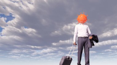 Kilit altındaki turizm sektörünün metaforu olarak, mavi bir arka planda bavul ve koronavirüsüne sahip bir turistin kavramsal veya kavramsal 3D çizimi